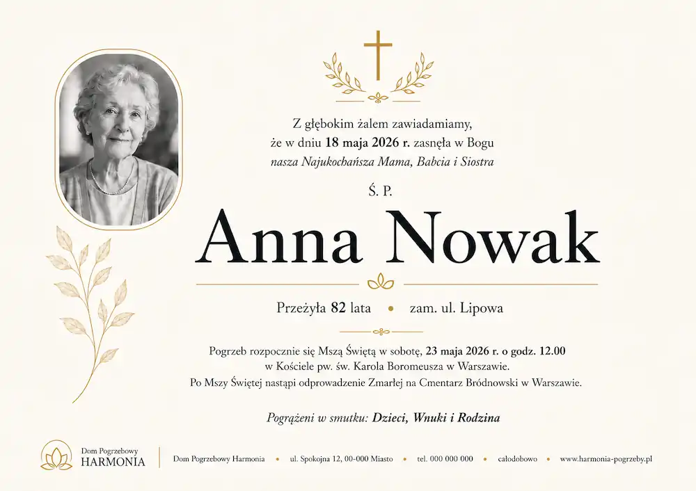 Nekrolog Anny Nowak – przykładowa klepsydra złożona w Nekly